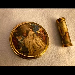 Vintage Brass Victorian Scene Compact and Lipstick Set